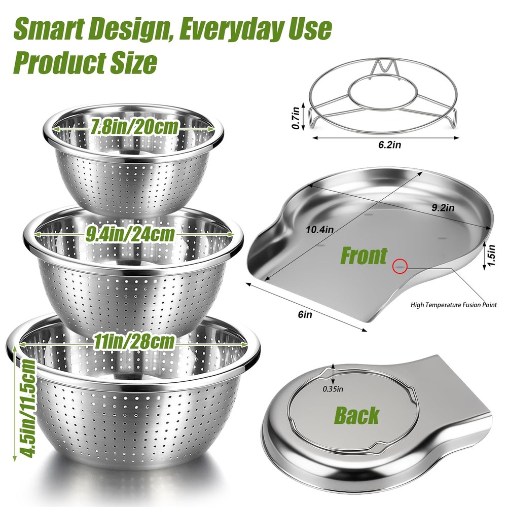 Stainless Steel Colander Set with Self-Draining Base, 3 Sizes Colanders & Foo...