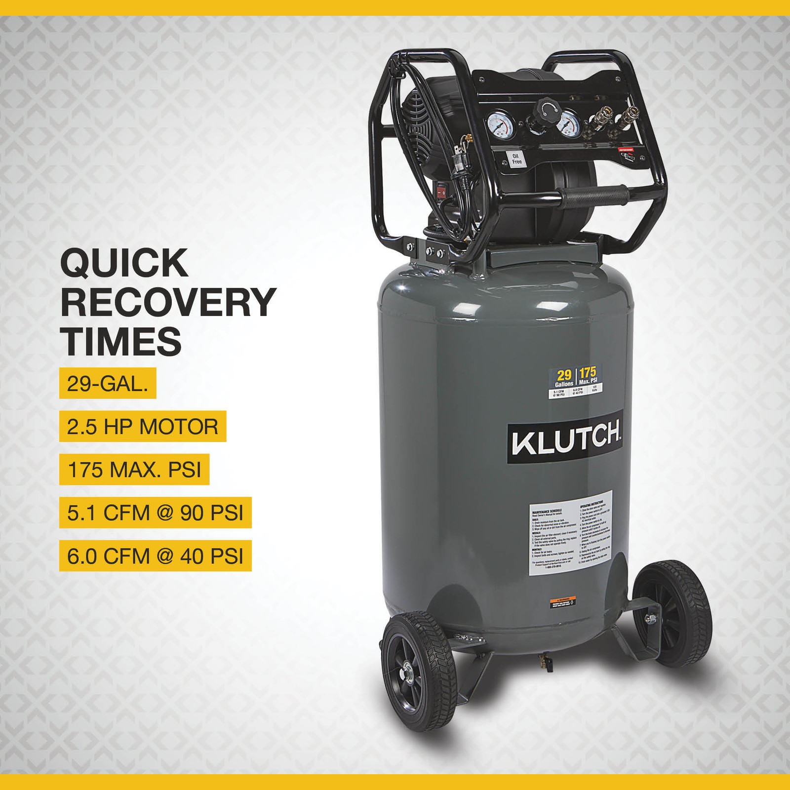 Klutch 29-Gallon Air Compressor, 2.5 HP, 120 Volts, 175 PSI