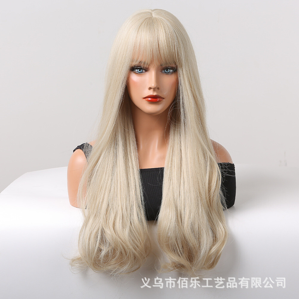 Platinum Blonde Hair Wigs with Bangs Long Wavy Synthetic for Women Fanshion Wigs
