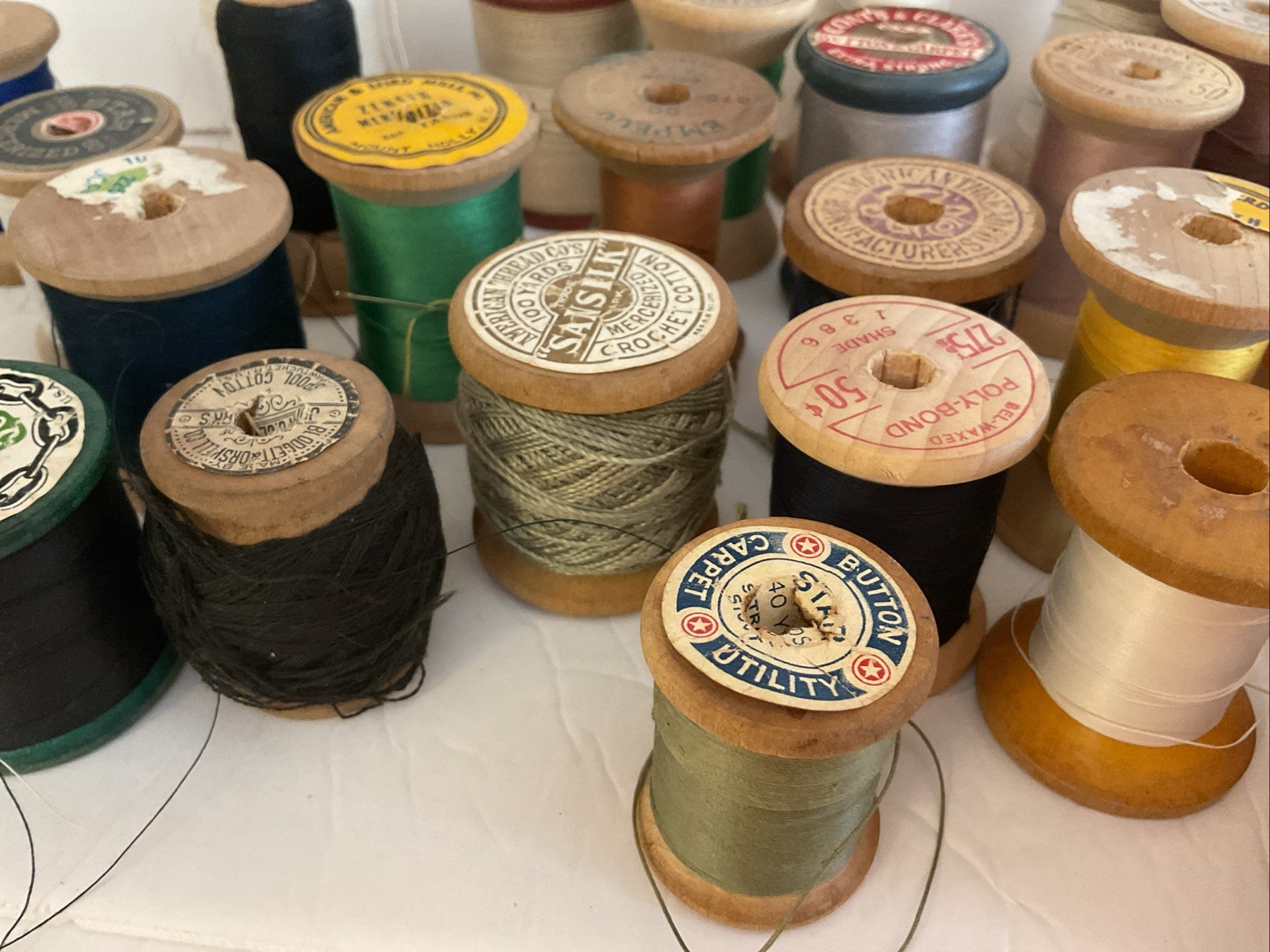 Vintage Lot of 40 Wooden Sewing Thread Spools Crafts Various Brands Full Partial
