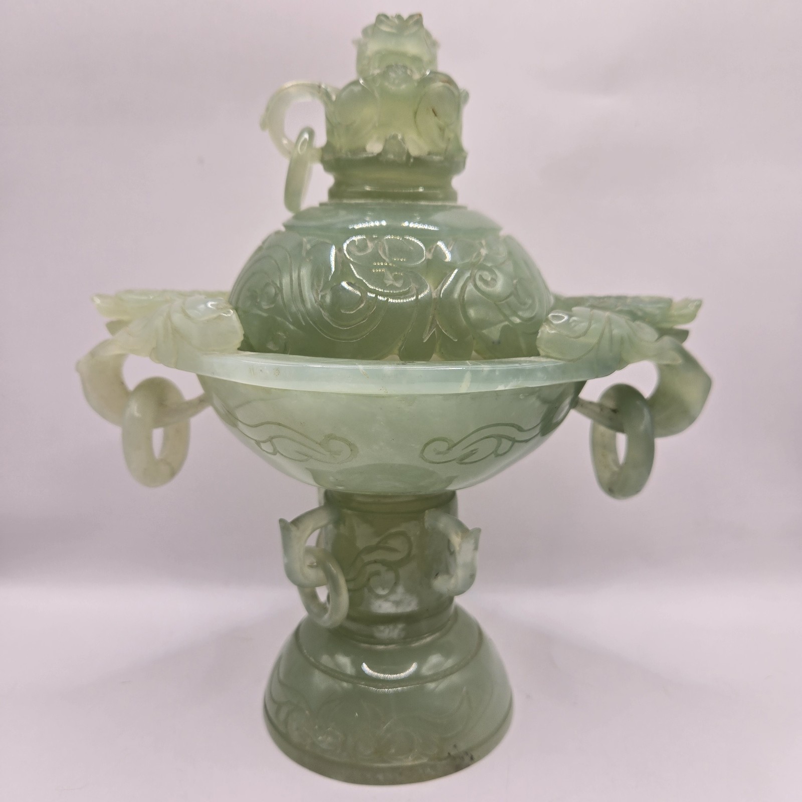 Vintage Chinese Jade Carved Foo Dog Incense Burner 8" x 7.5" READ FOR FAULTS
