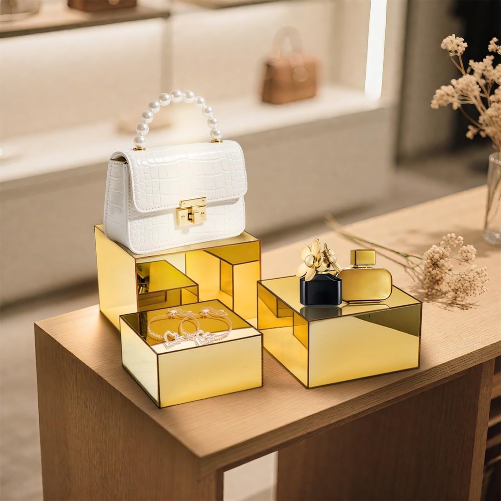 3 Pack Acrylic Risers Display Stands, Gold Buffet Riser Perfume Organizer, Mi...