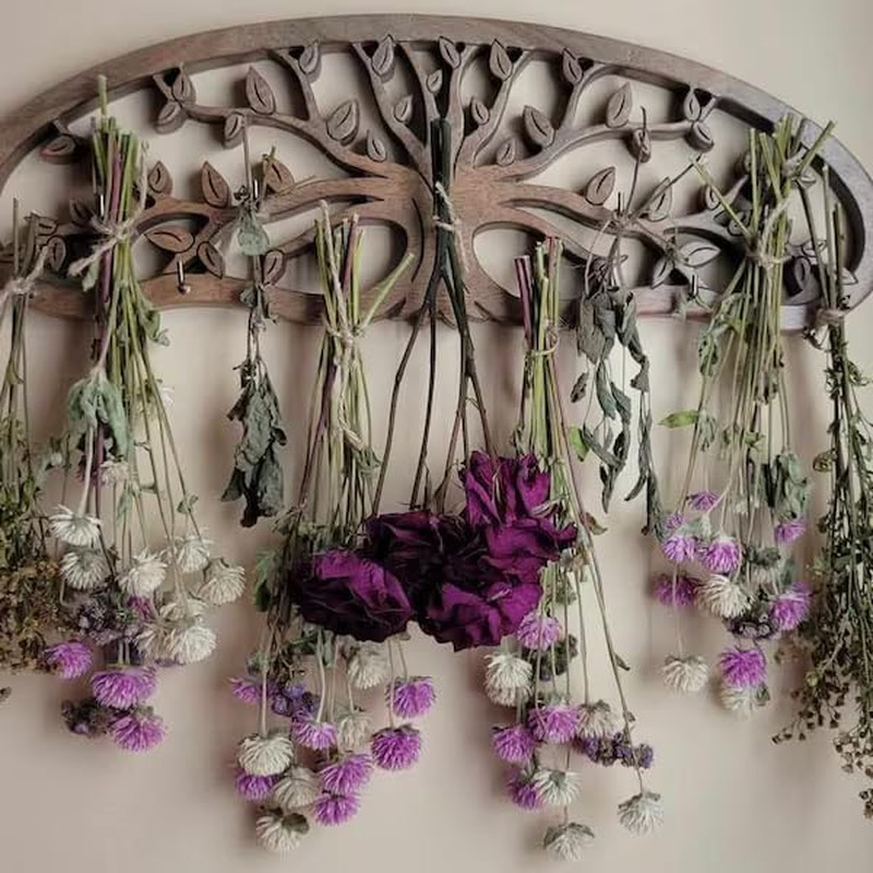 Rustic Herb Drying Rack Hanging - Artistic Life Tree Design for Kitchen Witches