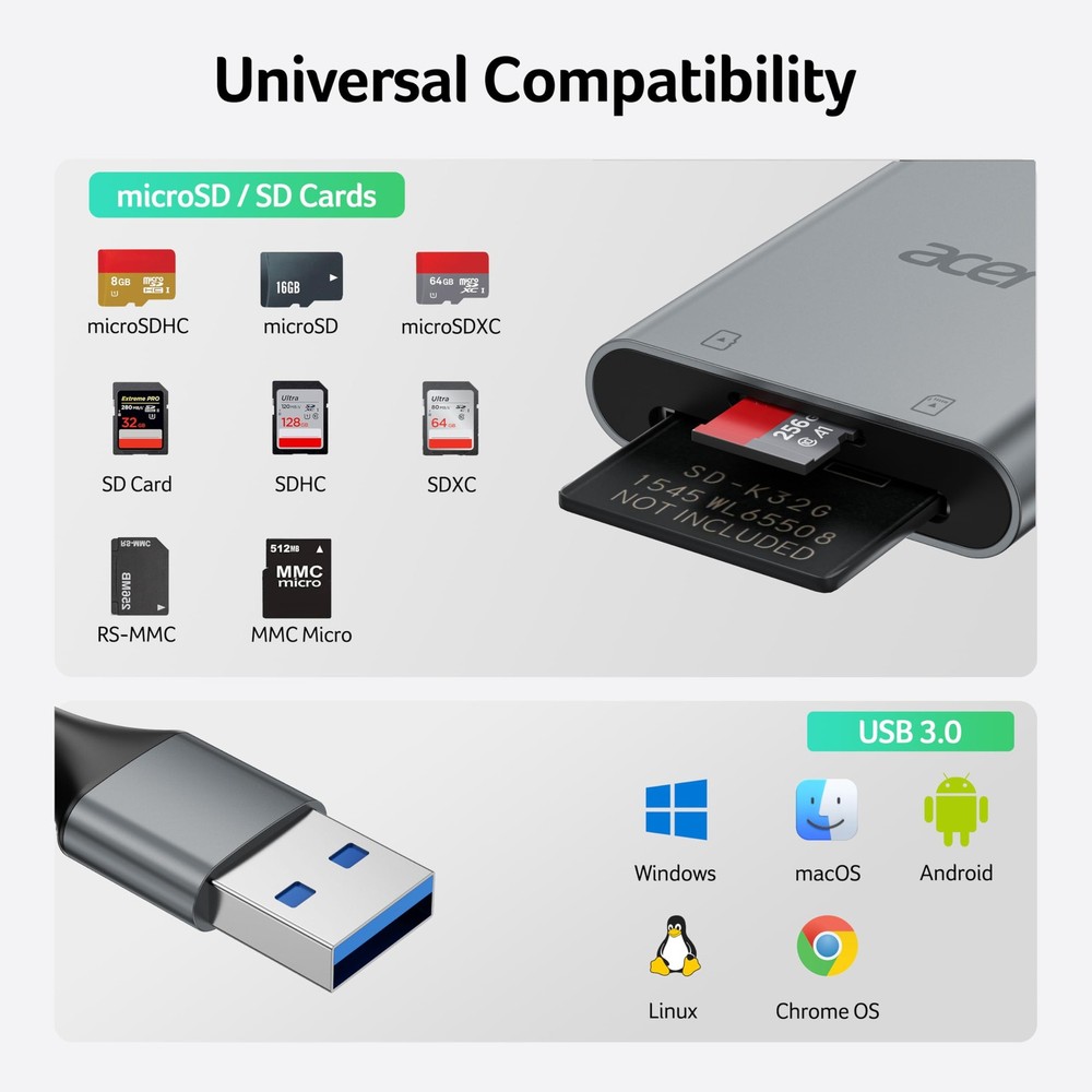 Acer SD Card Reader, USB A 3.0 to Micro Memory Aluminum Grey