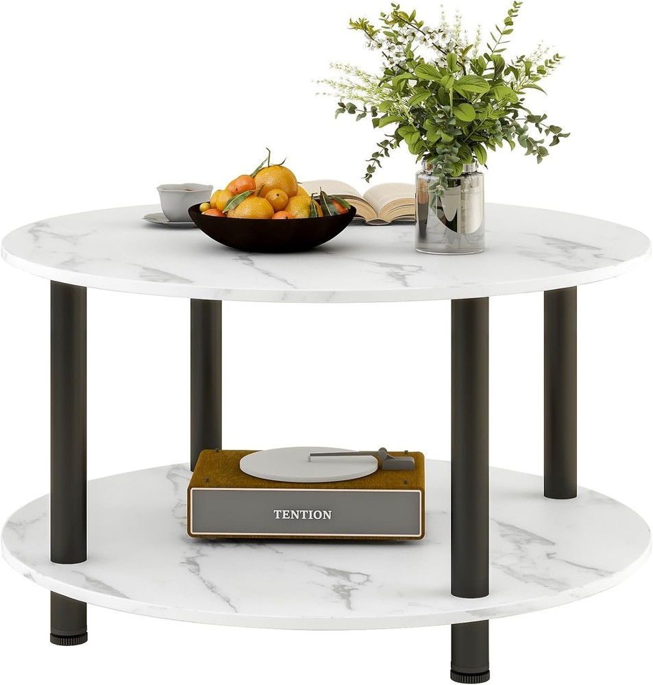 23.6" Round Coffee Table 2-Tier Small Circle Coffee Table W/ Storage Modern