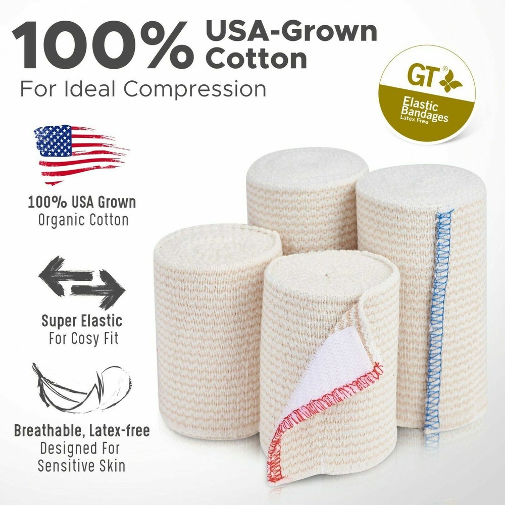 GT 4" 6-Pack Cotton Elastic Compression Bandages Body Wrap Hook/Loop USA Made