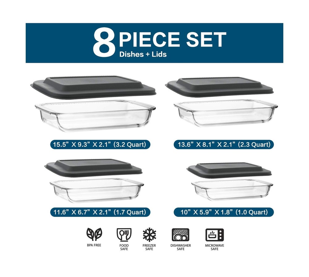 8-Piece Deep Glass Baking Dish Set with Plastic lids,Rectangular Glass Bakewa...