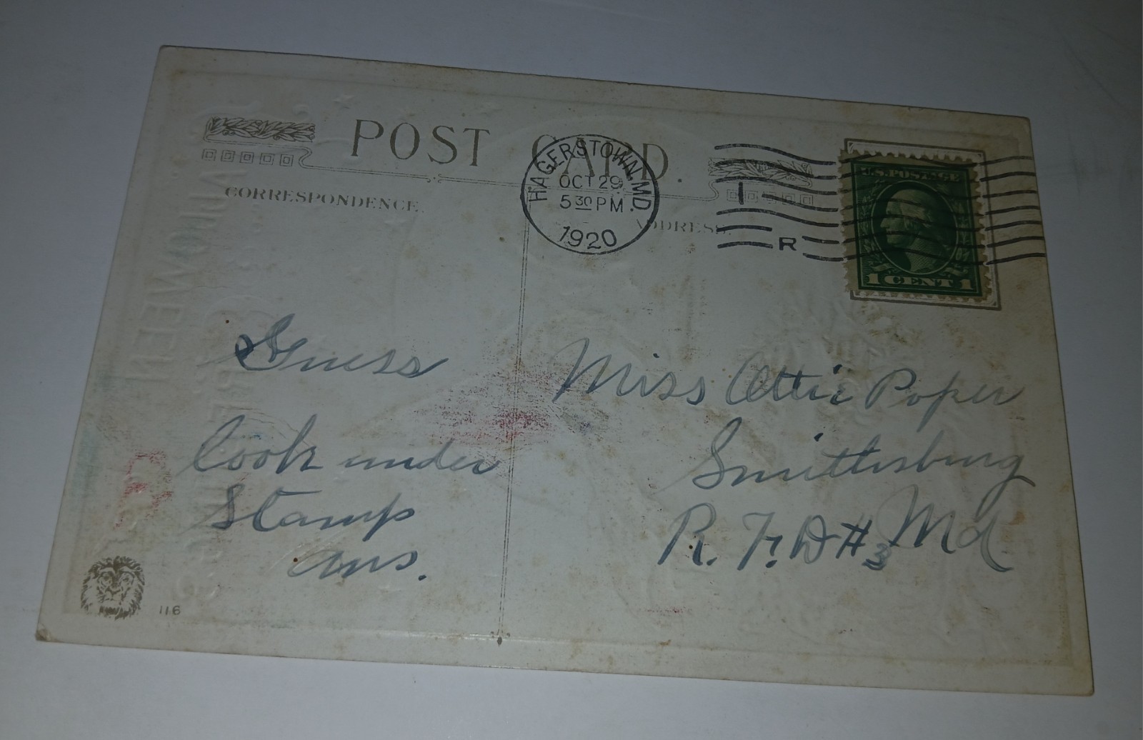 1920 Vintage Original Embossed Halloween Postcard Full Moon Pretty Witch & Cat