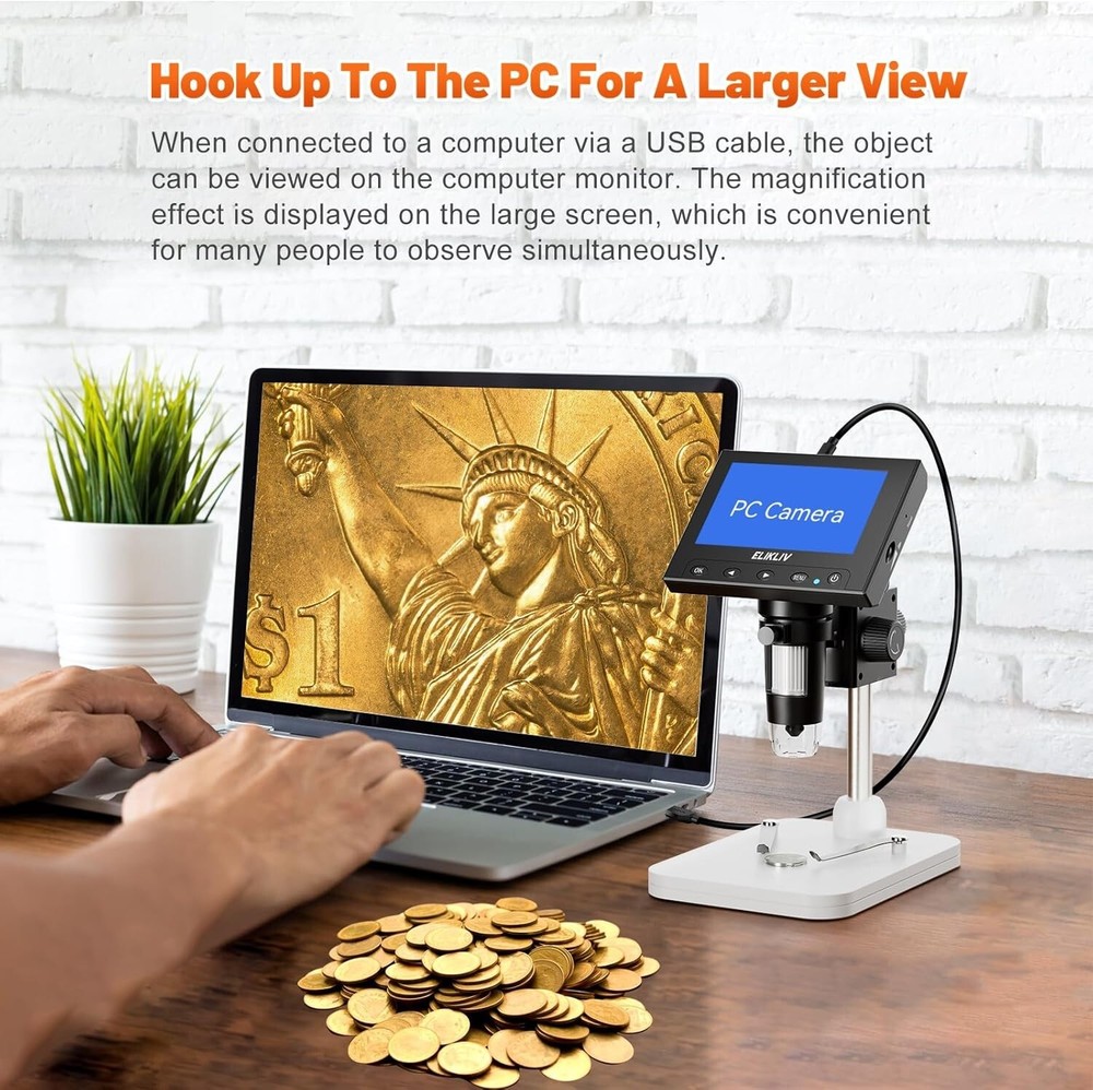 Portable Digital Coin Microscope with Height-Adjustable Stand and 8 LED Lights