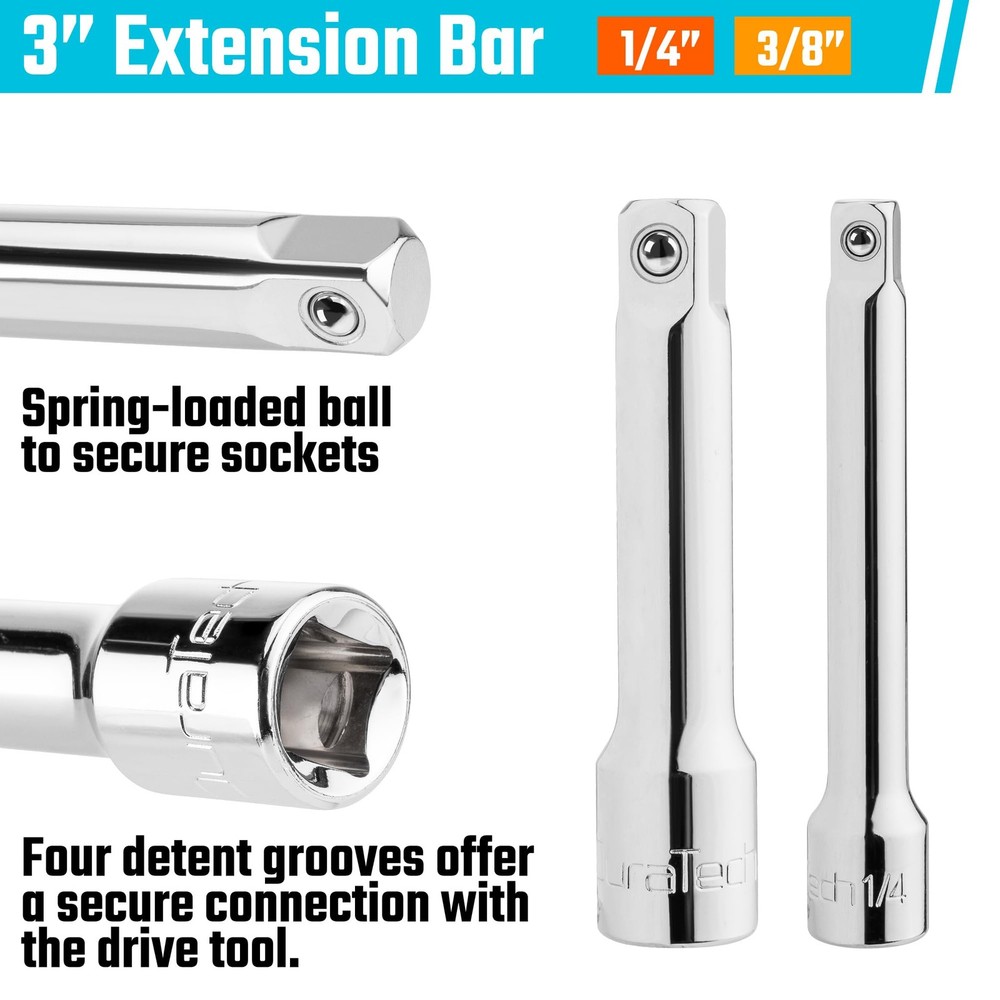 DURATECH Ratchet Set, 3-IN-1 Handle, with 2 Extension Bars, Silver