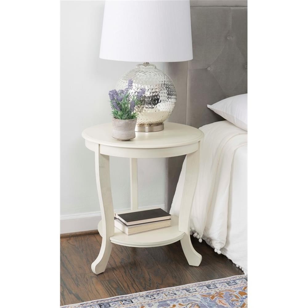 Pemberly Row Round Transitional Wood Side Table with Shelf in White Multi-Step