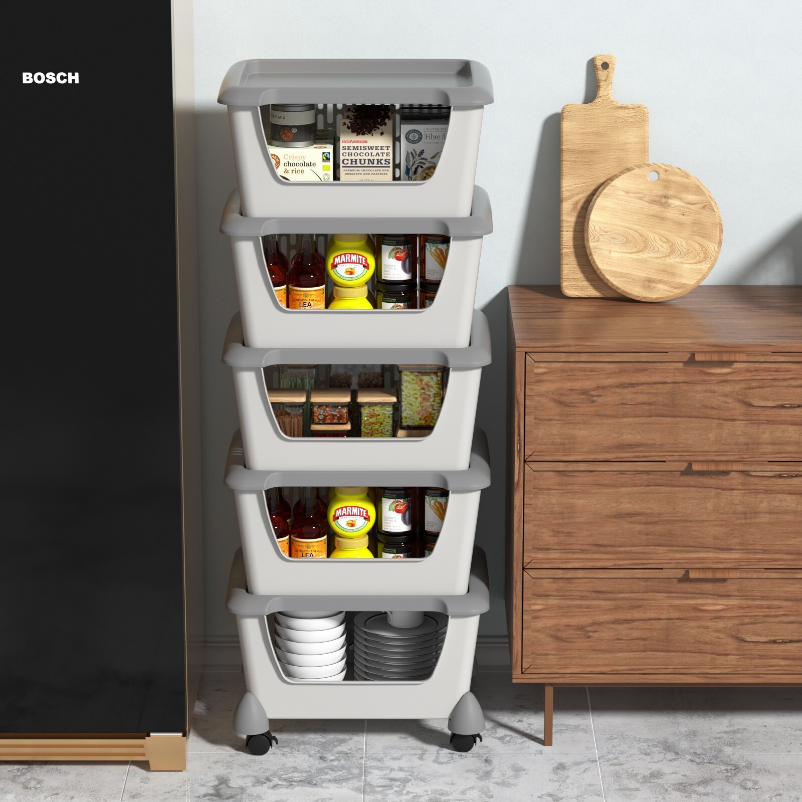 Idotry 5pcs Plastic Stackable Storage Bins - Gray Large Storage Basket w/ Wheels