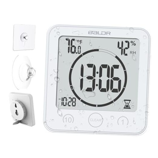 Shower Clock Waterproof Bathroom Clock with Timer/Temperature/Humidity, White