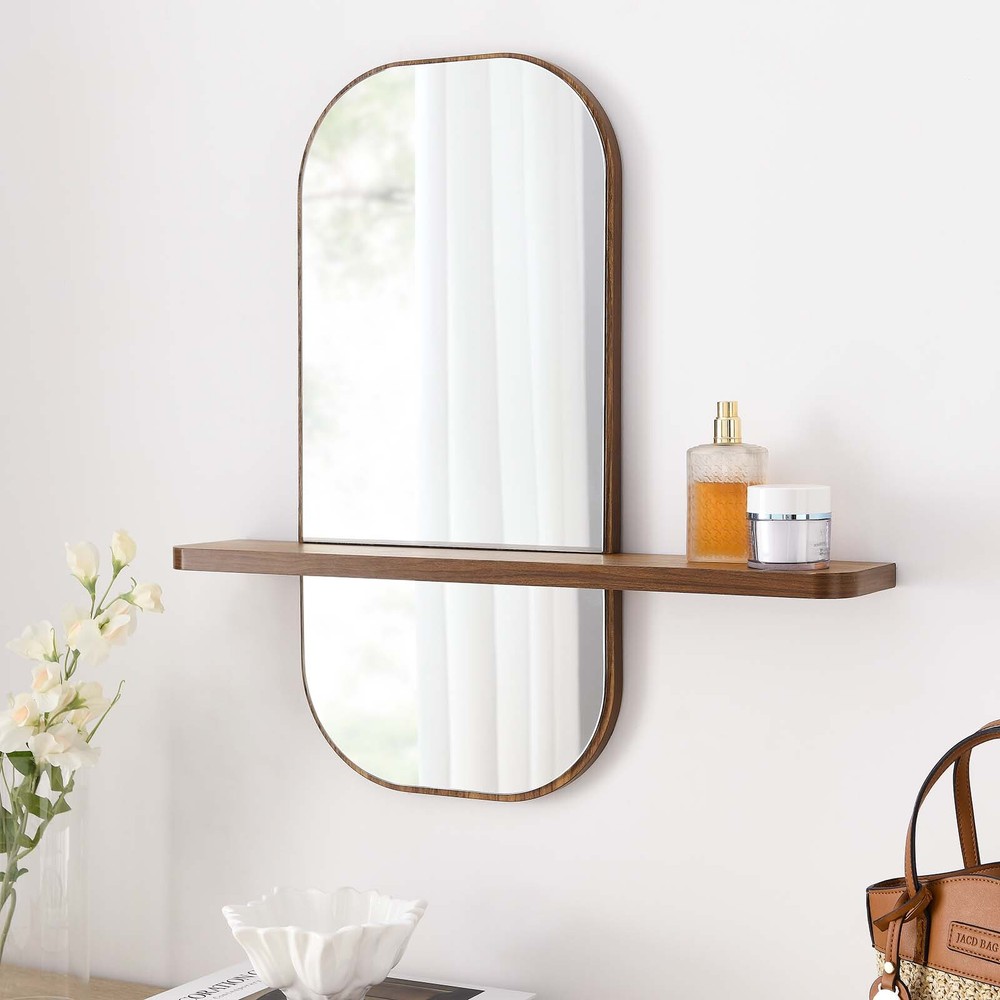 Modway Solstice Hanging Wall Wood Grain Rectangular Mirror in Walnut With Shelf