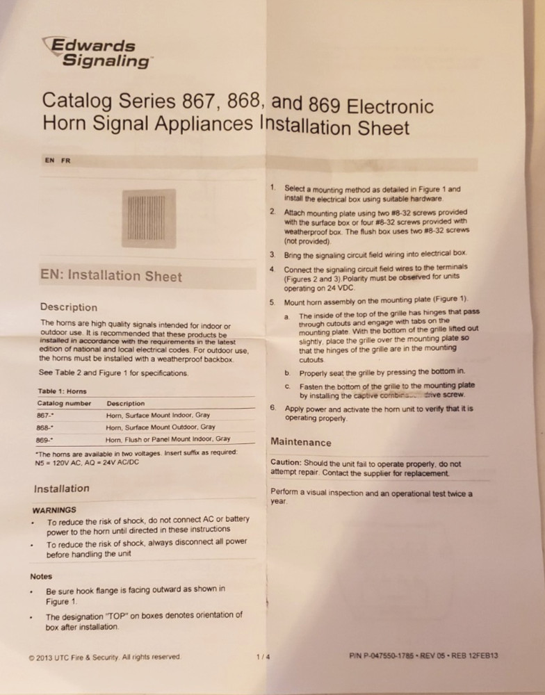 Edwards Signaling & Security Systems HORN 869-N5 Flush Mount