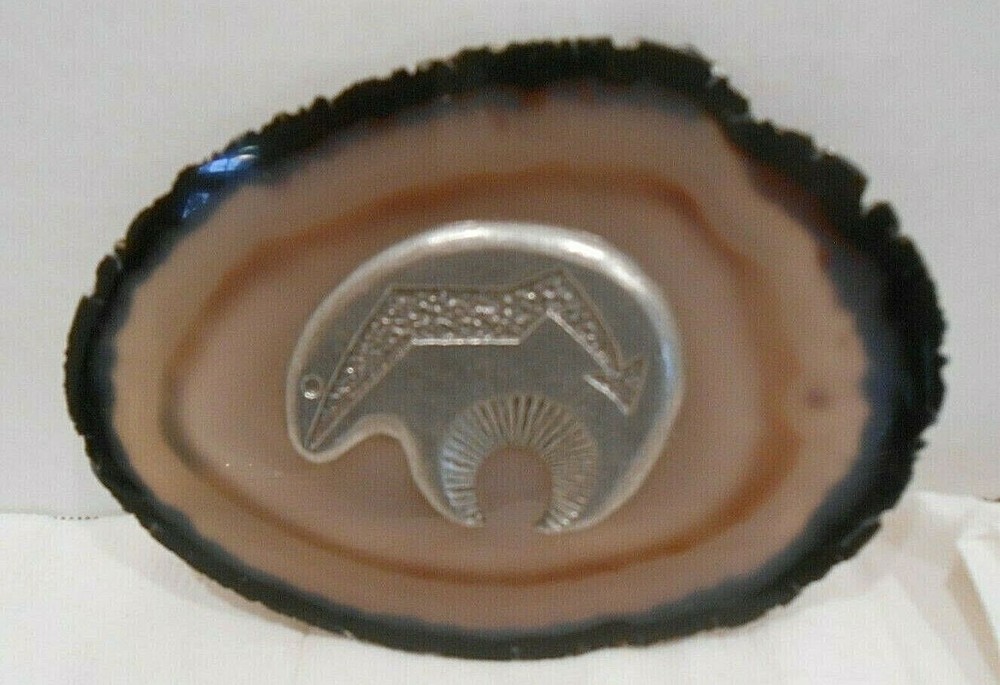 Petrified Cut & Polished Slice Metal Bear Image Mounted 5" Width 3/16" Slice