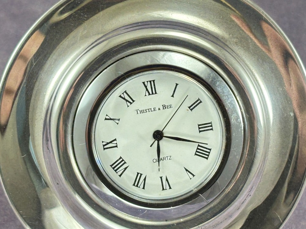 Vintage Sterling Silver Round Desktop Clock - Thistle & Bee Italy - Dome Back