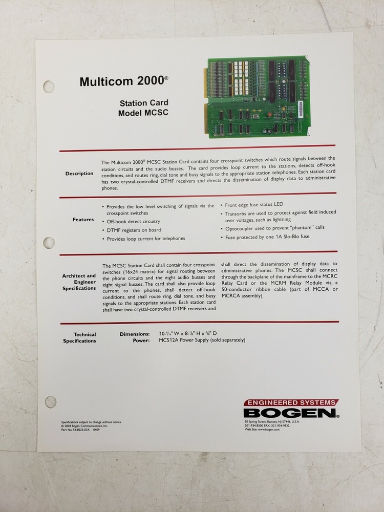 Bogen Multicom 2000 Station Card MCSC Intercom System Used AS IS #2