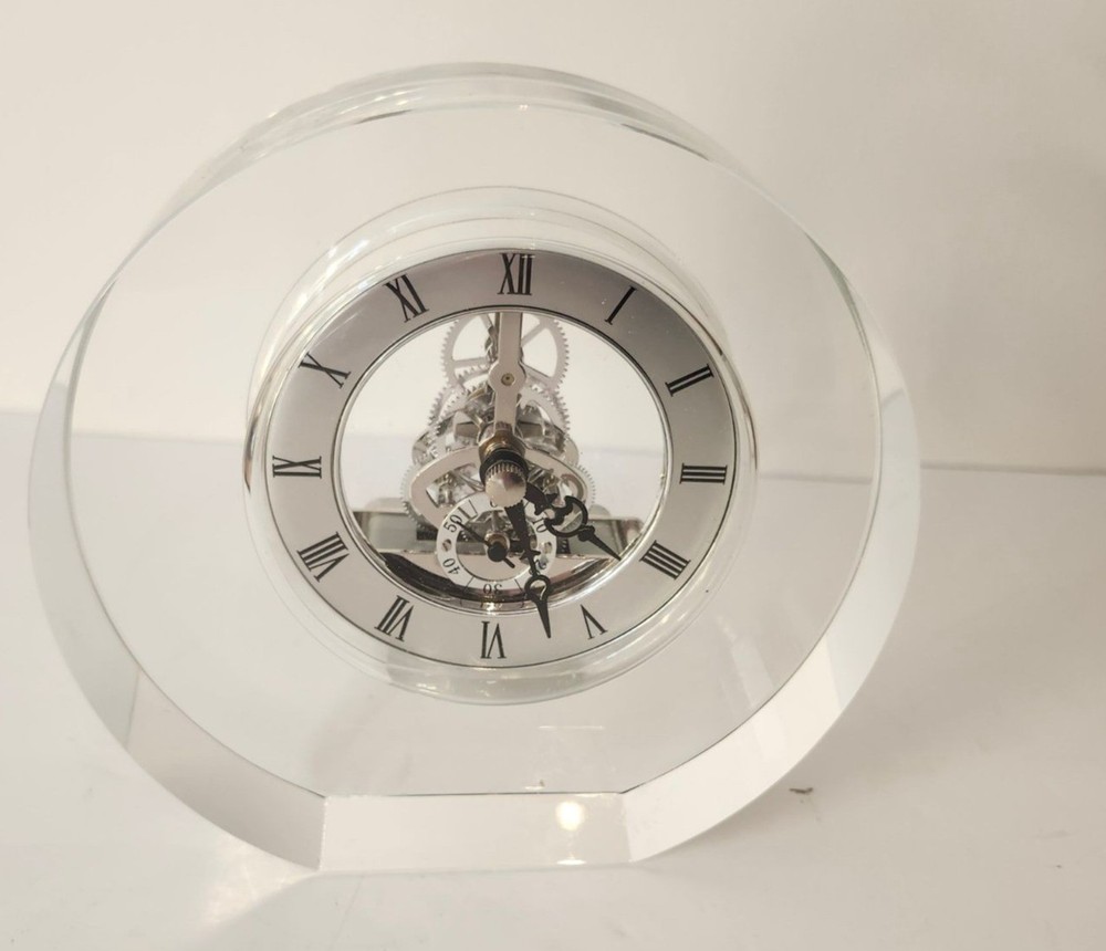 Crystal Desk Clock With Roman Numerals & Exposed Silver Gears Elegant & Function