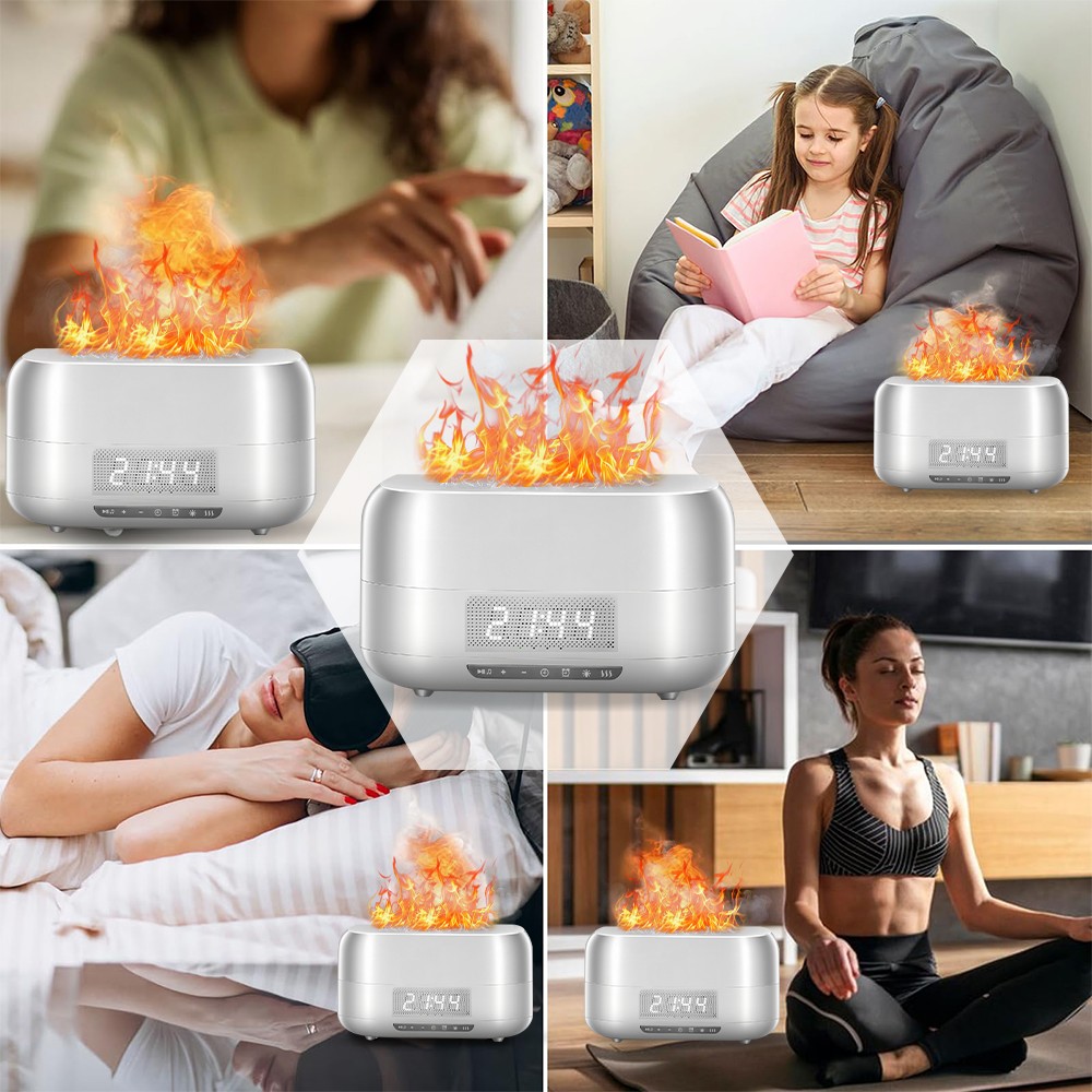Flame Aroma Diffuser Humidifier Bluetooth Speaker Light Digital Display Clock