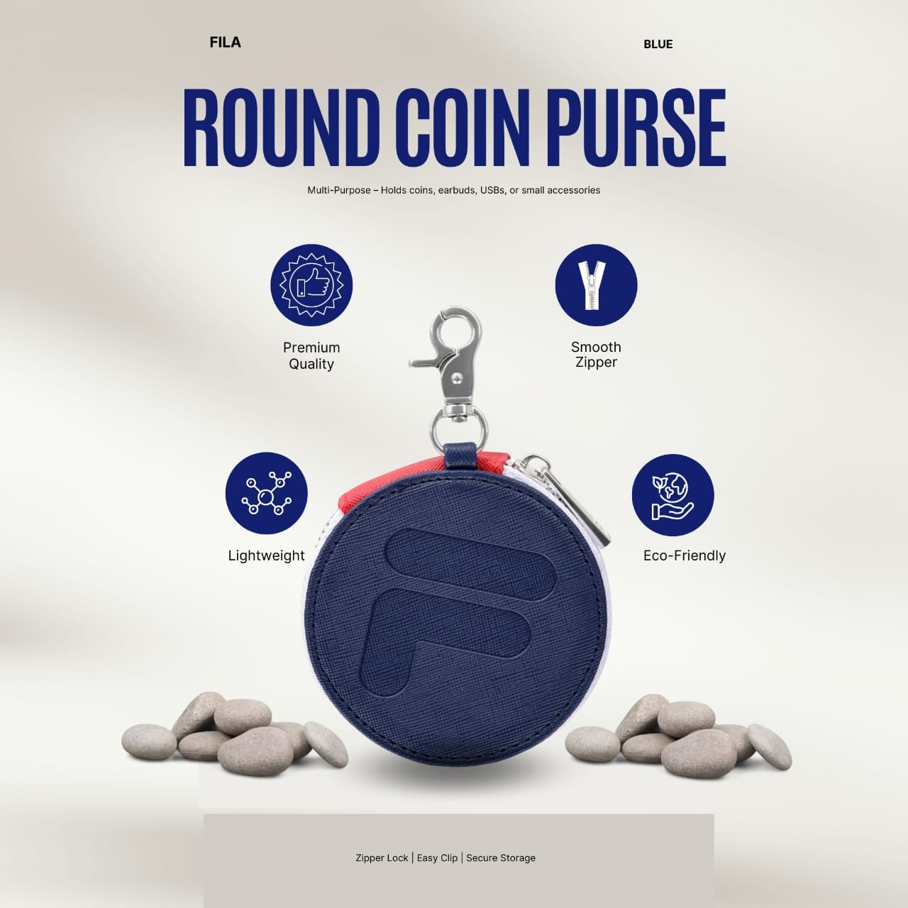 Round Blue Coin Purse -Sporty Circular Storage Wallet Small Compact Pouch for Me