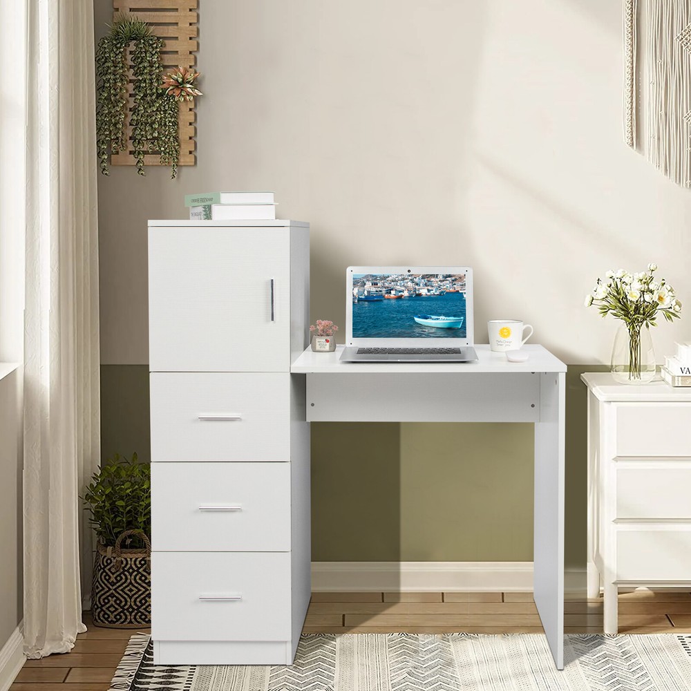 White embossed chipboard computer desk with 2 power sockets