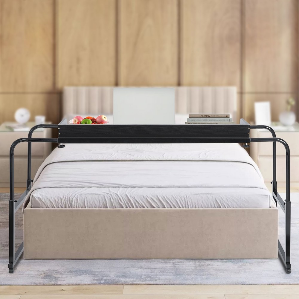 Adjustable Overbed Table with 4 Locking Wheels, Mobile Hospital Bedside Desk