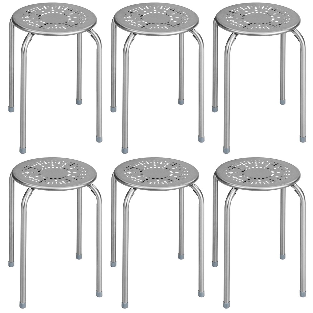 6PCS Stackable Metal Stool Set Daisy Backless Round Top Kitchen Grey