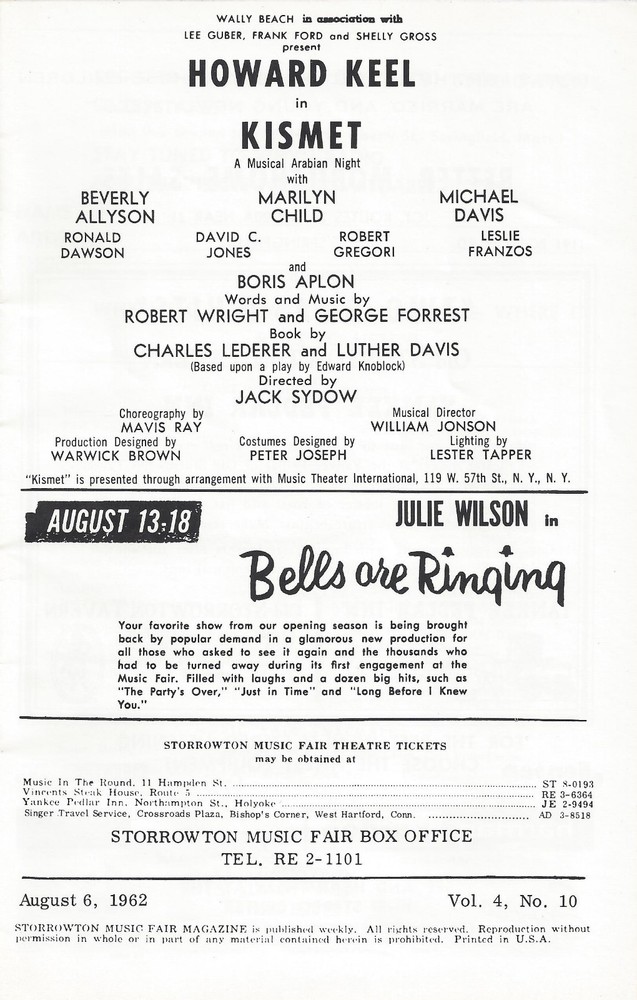 Howard Keel "KISMET" Dennis Cole / Wright & Forrest '62 West Springfield Program