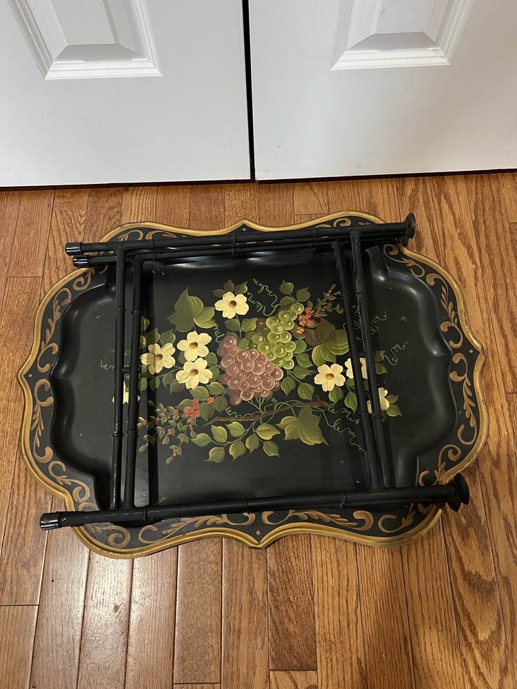Antique Hand Painted Tole Tray On Folding Table Base