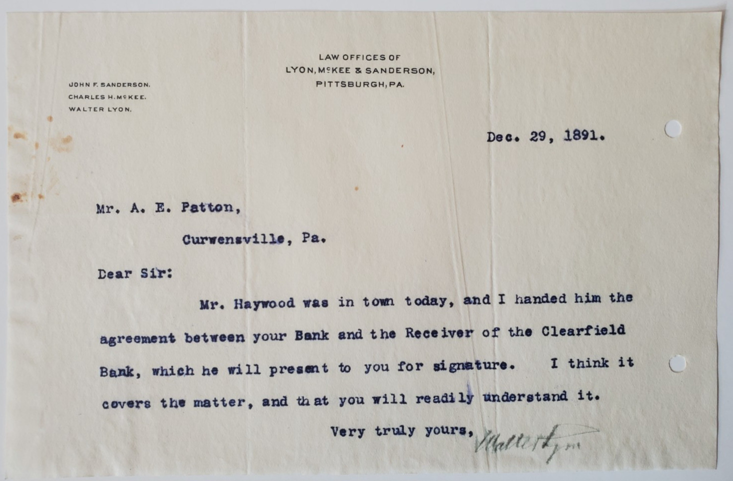 1891 Letter, Lyon, McKee & Sanderson Law Offices, Pittsburgh, PA, WALTER LYON