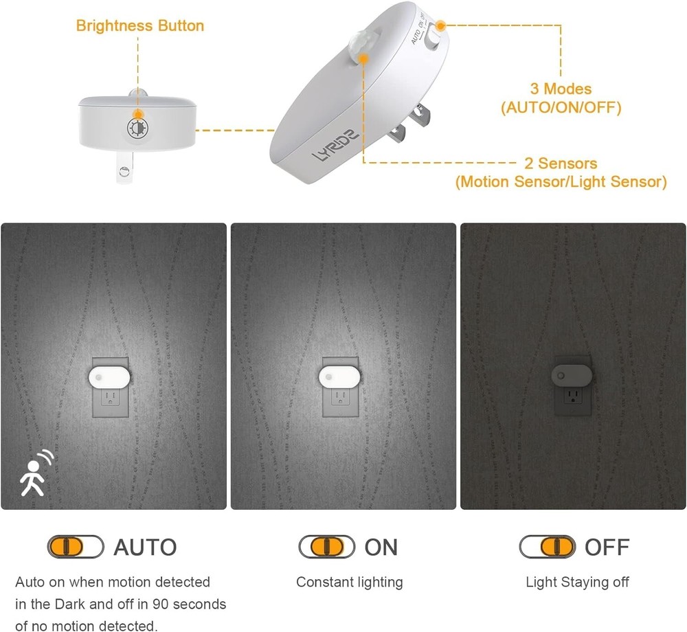 Stepless Adjustable LED Night Lights with Motion Sensor - Cold White Glow 2-Pack