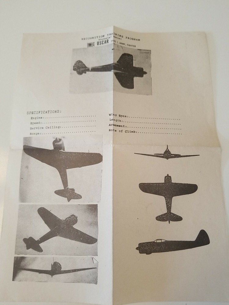 WW2 Recognition Training Program Japanese OSCAR Identification Paper Type 1 Army