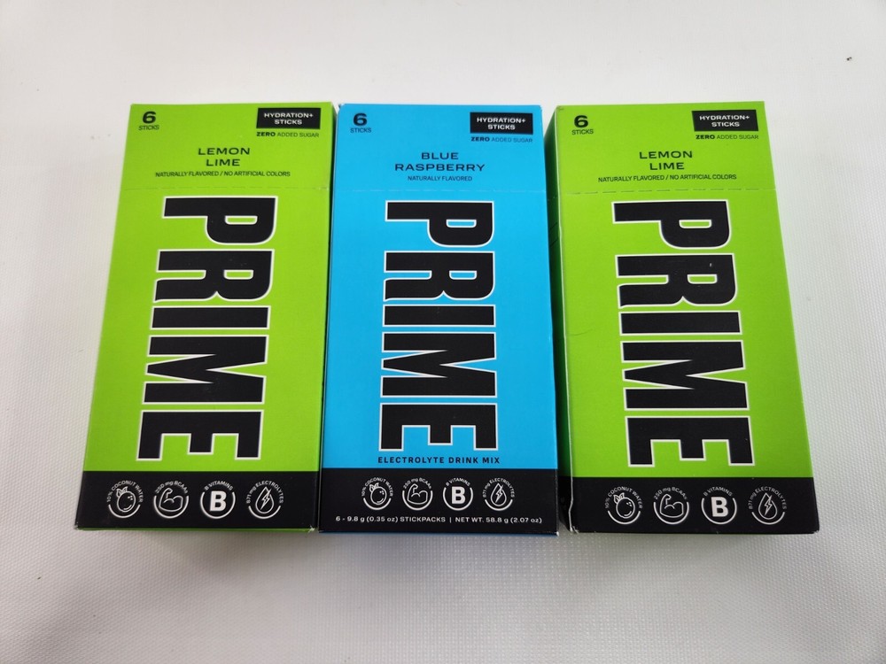 3 Packs Prime Hydration Drink Mix Blue Raspberry Lemon Lime Hydration Sticks