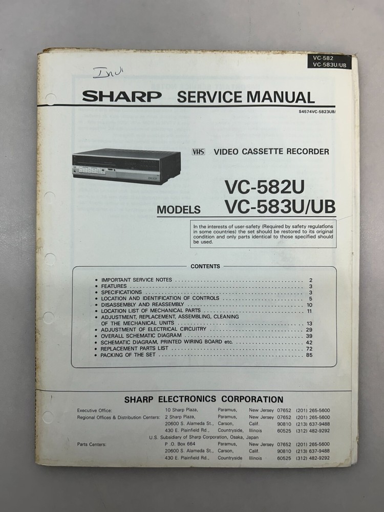 Sharp VC-582 583 Original Technical Manual Free Shipping