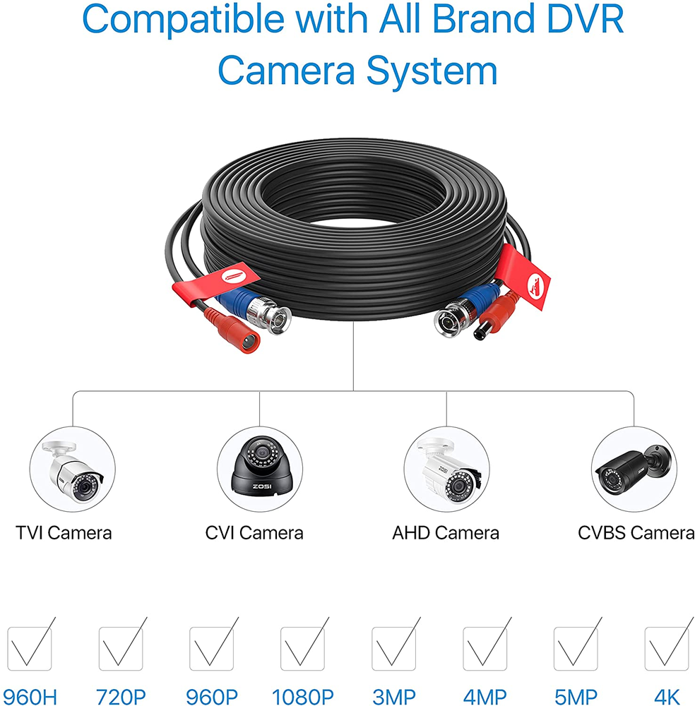 ZOSI Security Camera Cable 60FT DC Power BNC RCA Connector Surveillance wire