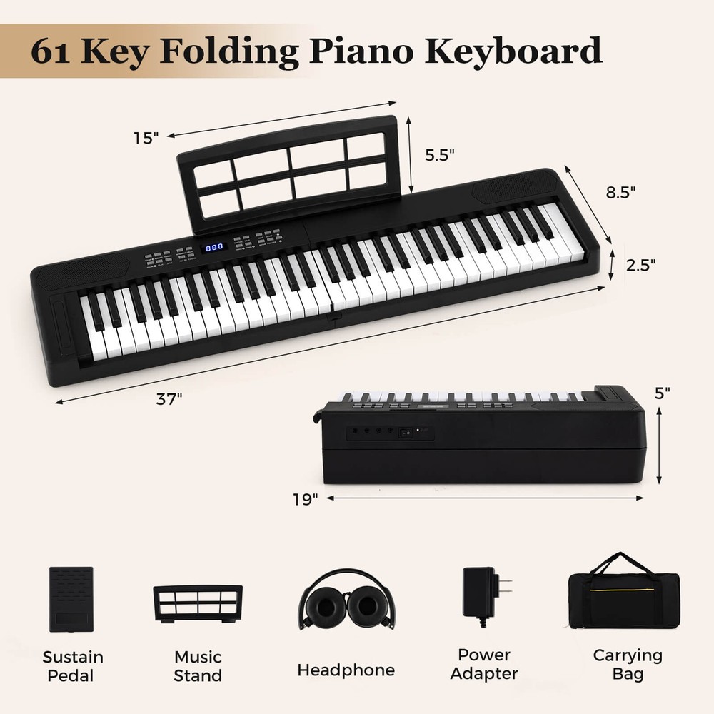 61-Key Foldable Piano Keyboard w/MIDI Split Function Headphone Sustain Pedal