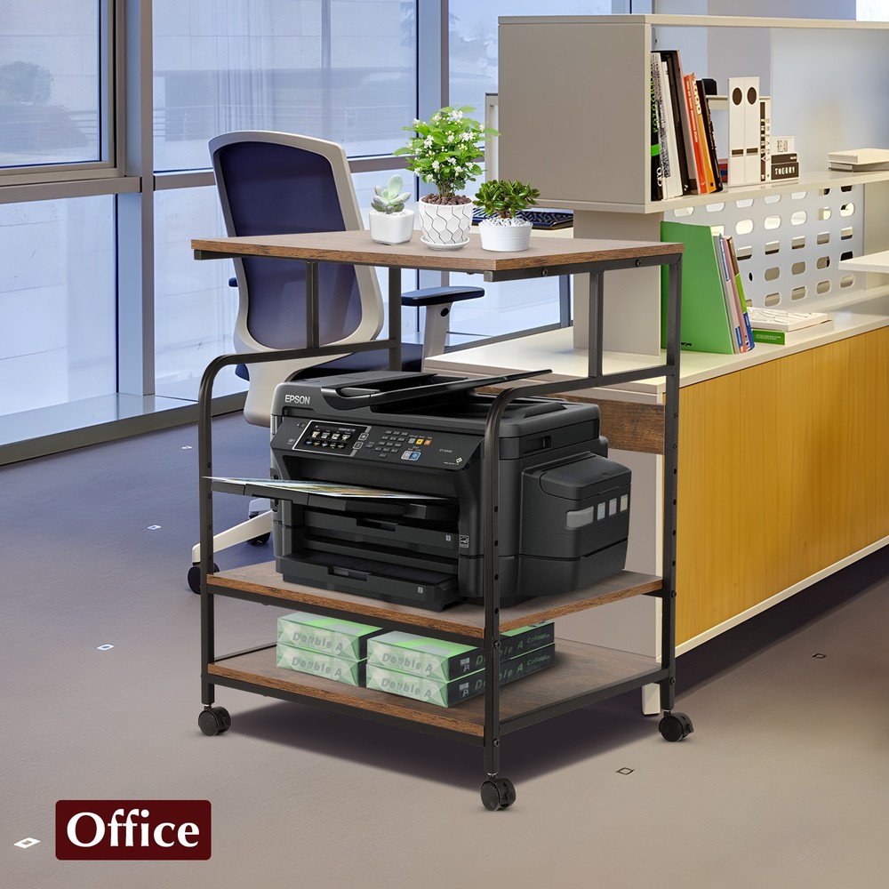 Printer Stand, 3 Tier Printer Stand with Height Adjustable Storage Shelf, Brown