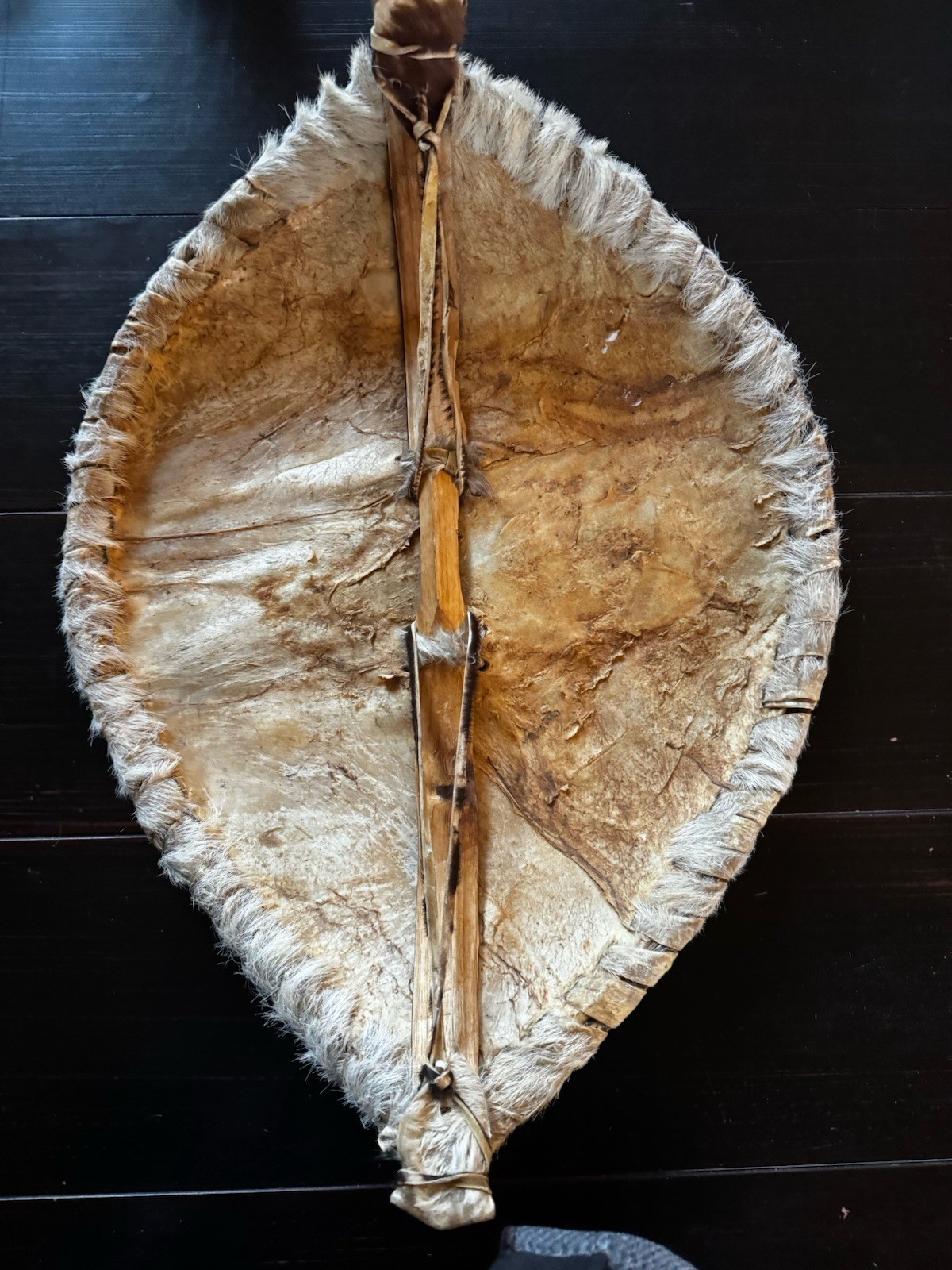 Vintage 18" Handmade African Maasai Warrior Sheild Real Fur Buffalo Hide & Wood