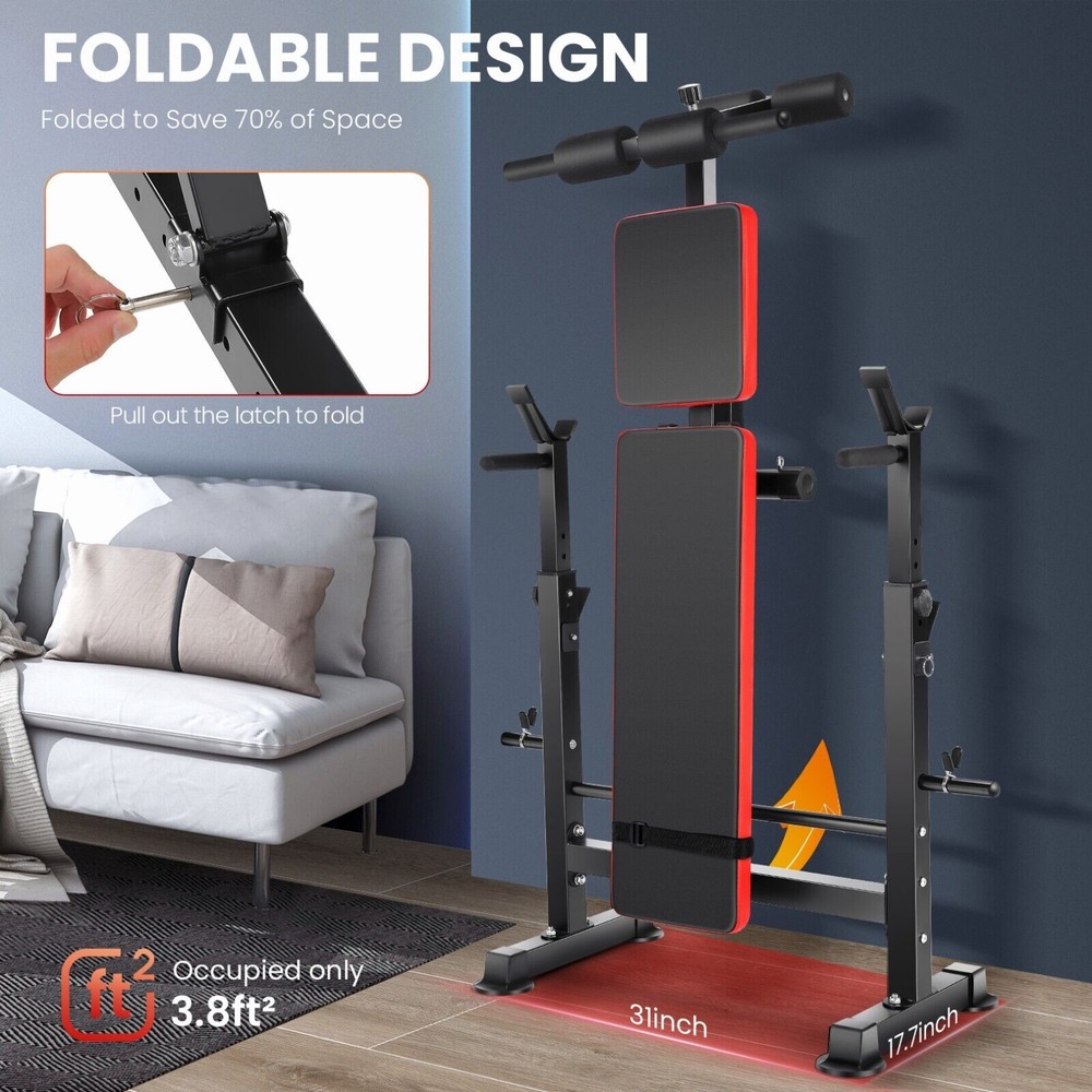 600lbs Adjustable Folding Weight Bench Set w/Removable Foot Catch & Squat Rack-⭐