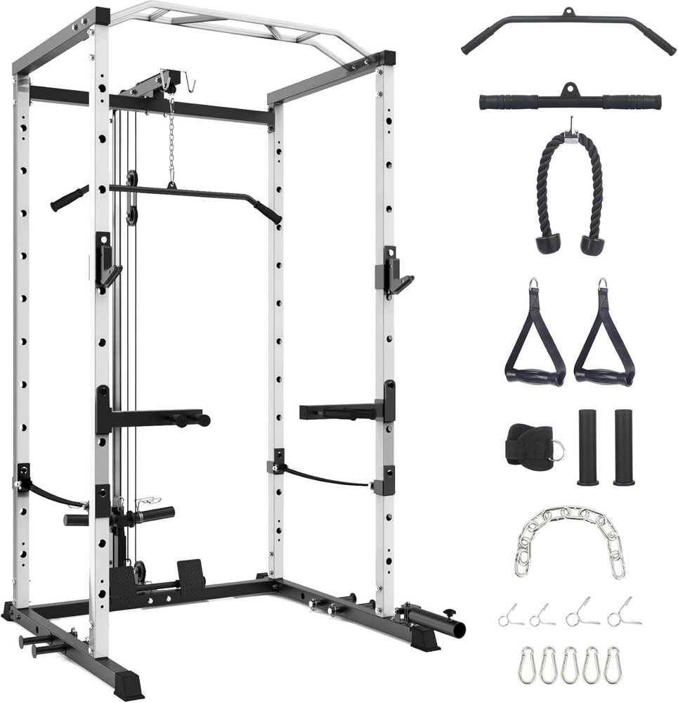 🔥Power Cage Multi-Functional Power Rack with Cable Pulley System and J-Hooks US