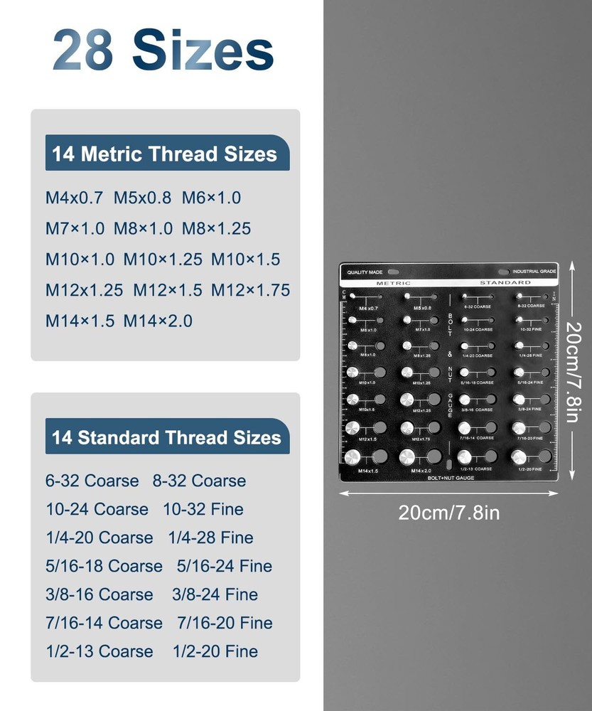 Nut and Bolt Thread Checker 28 Thread Identifier Gauge Inch and Metric Screw US
