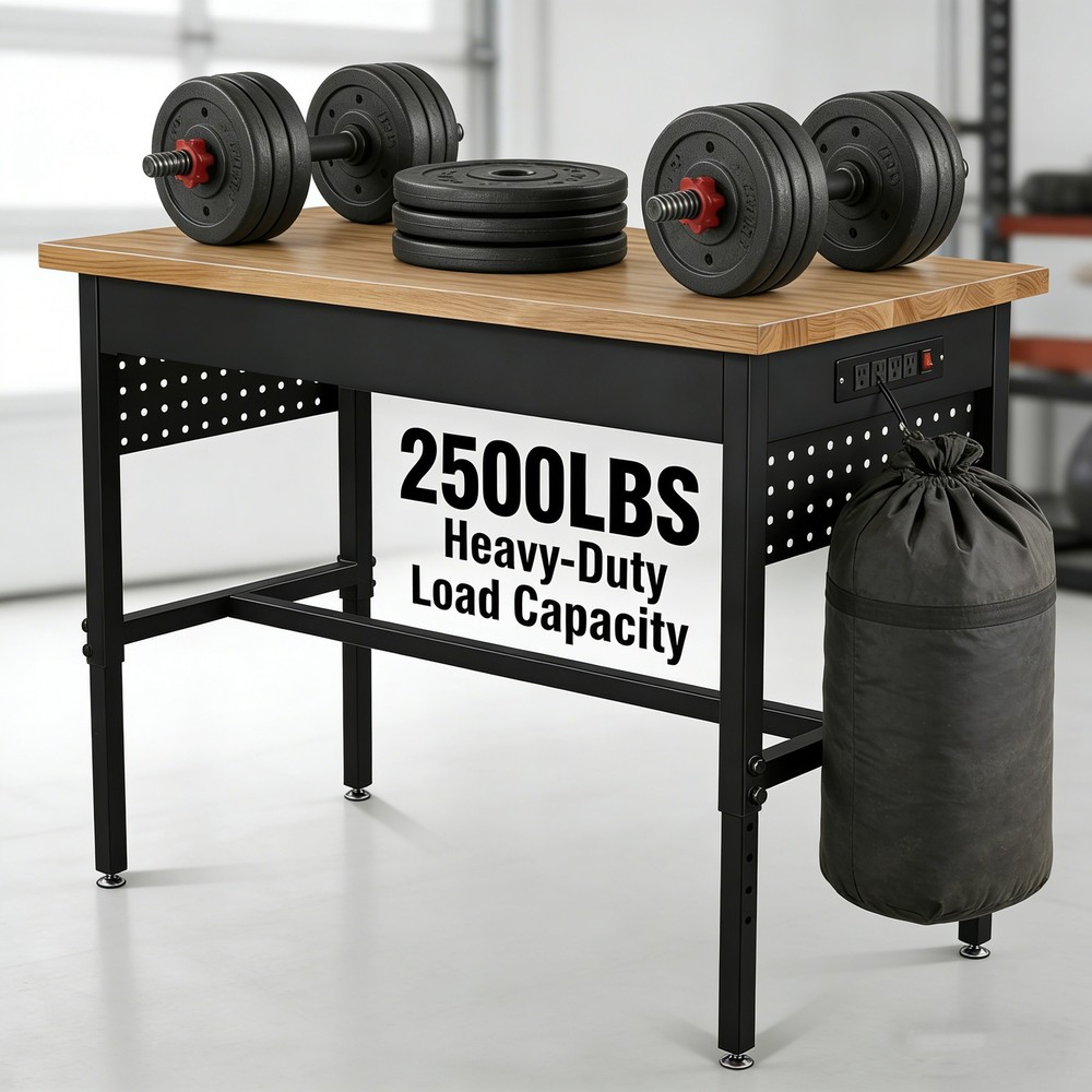 60"x24" Adjustable Workbench, Power Outlets, 6 Height Levels, Solid Hardwood Top