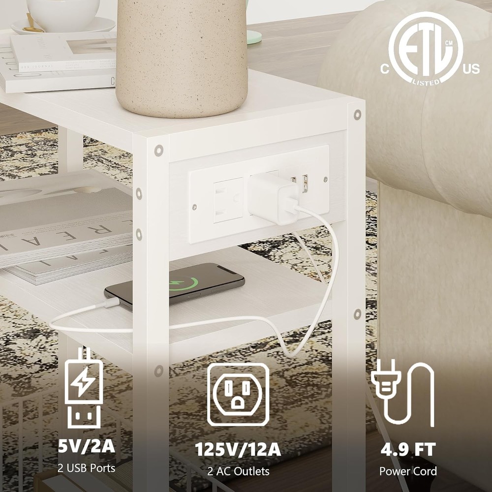 Narrow Side Table W/ Charging Station Small End Table Small Spaces Slim