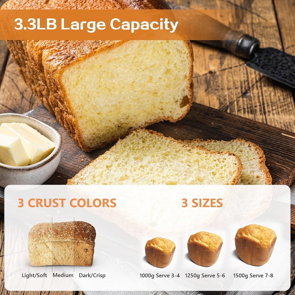 3.3LBS 15-in-1 Bread Maker Automatic Compact Dough Machine Nonstick White