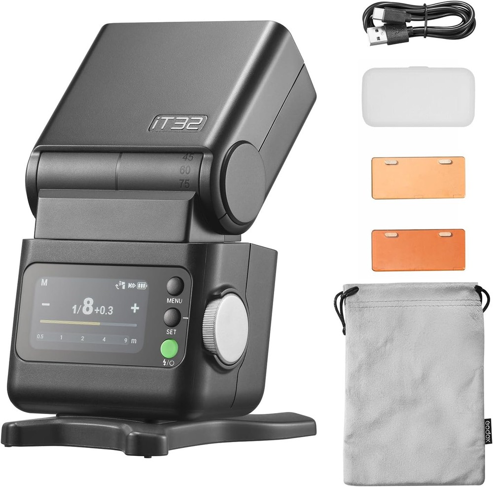 Godox It32 TTL Rf Hot Shoe Flexible Camera Flash with Storage Bag and Diffuser
