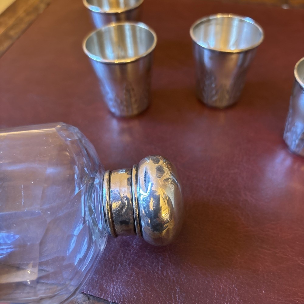 Solid silver hip flask c1900 & Six Antique Continental Solid Silver Shot Cups