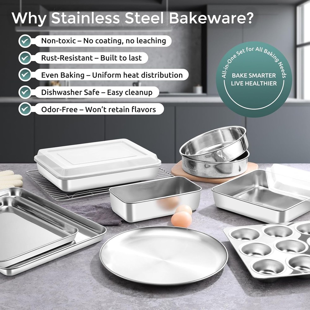 12-Piece Bakeware Sets Stainless Steel Baking Pan Set Includes Cookie Sheet