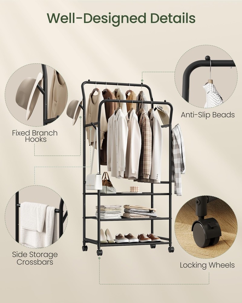 TYM07BB Black Rolling Clothes Rack Double Rod Garment Wheels Shelves Hooks