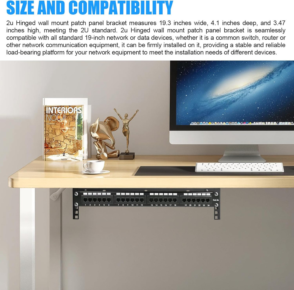 2U Hinged Wall Mount Patch Panel Bracket – 19″ Vertical Rack, Black